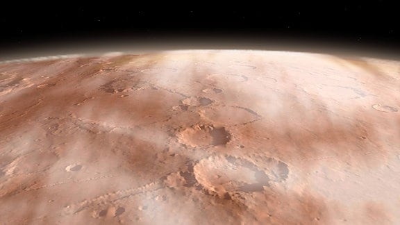 Wolken aus Wassereiskristallen in großer Höhe auf dem Planeten Mars.