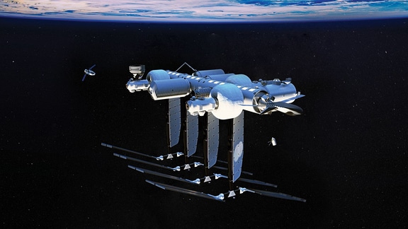 Künstlerische Illustration von Orbital Reef, einem privaten Raumstationsprojekt, an dem Blue Origin, Sierra Space und eine Reihe anderer Partner beteiligt sind.