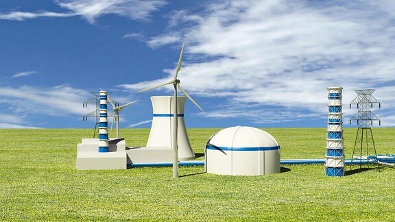 3D-Illustration eines Atomkraftwerks und Windrotoren
