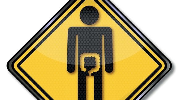 Schild mit Piktogramm eines Mannes, auf dem der Dickdarm hervorgehoben ist.