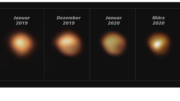 Teleskop-Aufnahmen des unterschiedlich hellen Beteigeuze zu vier verschiedenen Zeitpunkten