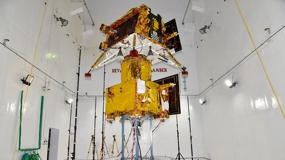 Das Antriebsmodul mit dem Landefahrtzeug Vikram der indischen Mondmission Chandrayaan-3. 