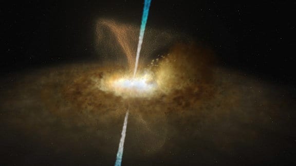 Diese Illustration zeigt, wie der Kern von Messier 77 aussehen könnte. Wie andere aktive galaktische Kerne wird auch die zentrale Region von Messier 77 von einem schwarzen Loch angetrieben, das von einer dünnen Akkretionsscheibe umgeben ist, die wiederum von einem dicken Ring oder Torus aus Gas und Staub umhüllt ist. Im Fall von Messier 77 verdeckt dieser dicke Ring den Blick auf das supermassereiche schwarze Loch vollständig. Man nimmt an, dass dieser aktive galaktische Kern außerdem Jets und Staubwinde besitzt, die aus der Region um das schwarze Loch senkrecht zur Akkretionsscheibe ausströmen.