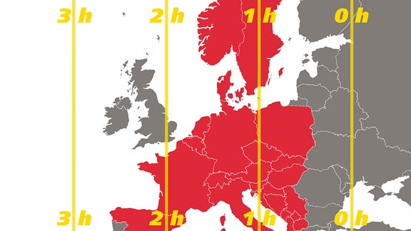 Abweichungen der Mitteleuropäischen Sommerzeit (MESZ) von der realen Sonnenzeit in den MESZ-Ländern