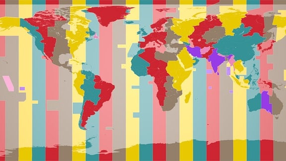 Die Zeitzonen der Welt (bei Winter-/Normalzeit), rosa und violett sind Zonen gefärbt, die eine halbstündige Abweichung zur Nachbarzone haben