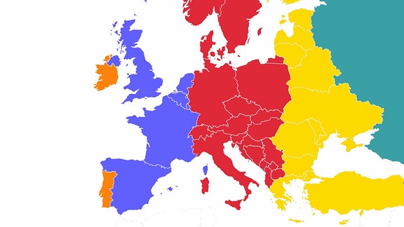 So müssten die Zeitzonen in Europa aussehen, wenn nach dem Grundsatz eingeteilt würde, dass ein Land zu der Sonnenzeitzone gehört, in der der Hauptteil seiner Fläche liegt