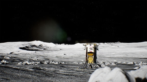 Künstlerische Darstellung der Mondlandefähre Nova-C vom kommerziellen Raumfahrtunternehmen Intuitive Machines auf der Mondoberfläche. 
