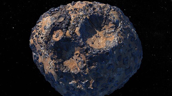 Eine Illustration von der Nasa-Raumsonde Psyche und dem gleichnamigen Asteroiden (16) Psyche im Weltall.