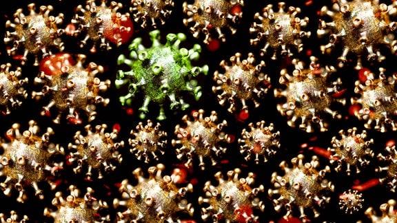 Grüner Coronavirus umgeben von roten Coronaviren