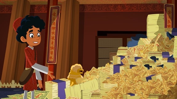 Marco steht vor einem Berg Papiergeld