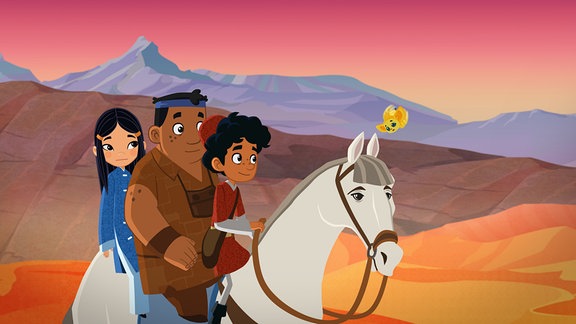 Shila, Luigi und Marco auf Pferd in der Wüste