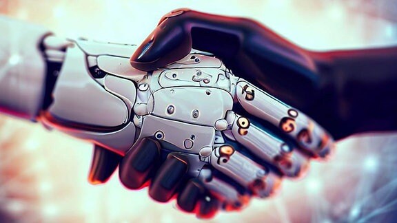 Der Bildersteller von Bing sollte hier einen Handschlag zwischen Mensch und Roboter abbilden. So richtig menschlich sieht aber keine der Hände aus. Naja.