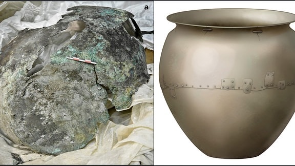 Auf der linken Bildseite ist ein Foto von einem Metallkessel aus der Bronzezeit auf einem Tisch und auf der rechten Bildseite zeigt eine grafische Darstellung, wie der Kessel einmal ausgesehen hat.