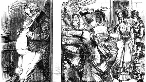 Zeitgenössische Illustration: Frauen stemmen sich gegen eine Tür, die von einem Mann vehement verschlossen gehalten wird