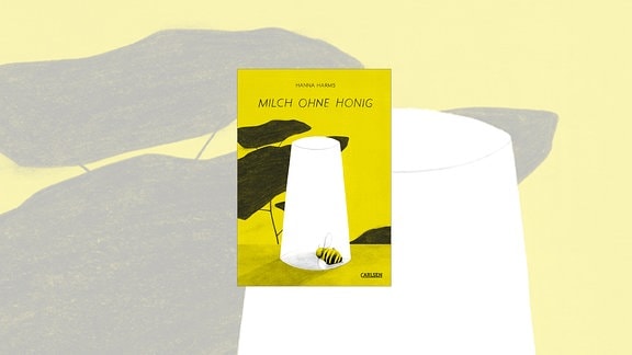 Das Cover in unterschiedlichen Gelbtönen mit abstrakten schwarzen Landschaftselementen zeigt in der Mitte eine am Boden liegende Biene in einem auf den Kopf gestellten weißen Glas.