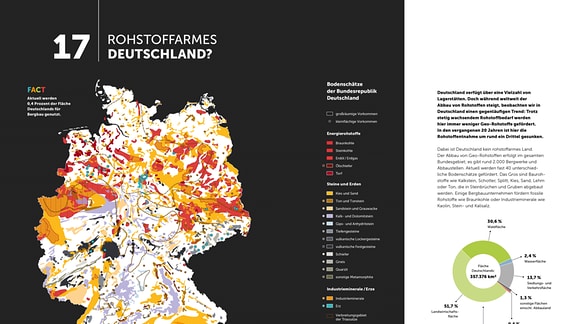Eine weiße Deutschlandkarte mit bunten Flächen, die unterschiedliche Rohstoffvorkommen im Land darstellen. Ein großer Teil des Landes ist mit diesen Flächen bedeckt.