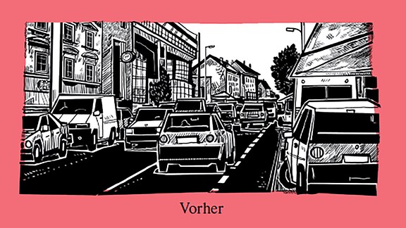 Zwei Zeichnungen der Mariahilfer Straße in Wien. Oben der alte Zustand voller Autos, unten der neue ohne Autos, dafür mit Spaziergängern und Cafés. 