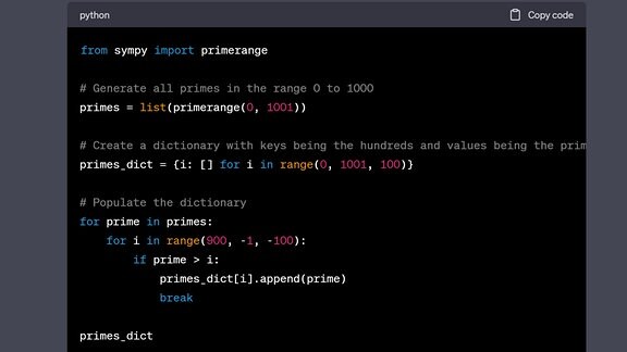 Code Interpreter: Python Code für Primzahlen zwischen 0 und 1000