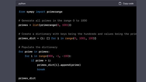 Code Interpreter: Python Code für Primzahlen zwischen 0 und 1000