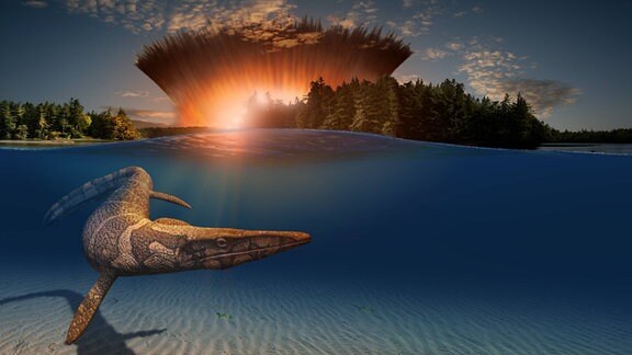 Künstlerische Darstellung eines Asteroideneinschlages, im Vordergrund schwimmender Tylosaurus