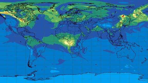 Wetlkarte mit der Vorhersage für die Ausbreitung von Kohlenmonoxidanteilen in der Atmosphäre für Montag, 24. Juli 2023.