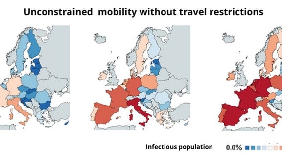 Eine Infografik zeigt in sechs Bildern, wie sich die Coronavirus-Infektionen in Europa entwckelt haben und hätten - mit und ohne Reisebeschränkungen.