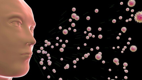 Animiertes Bild von einem Menschen der Viren einatmet
