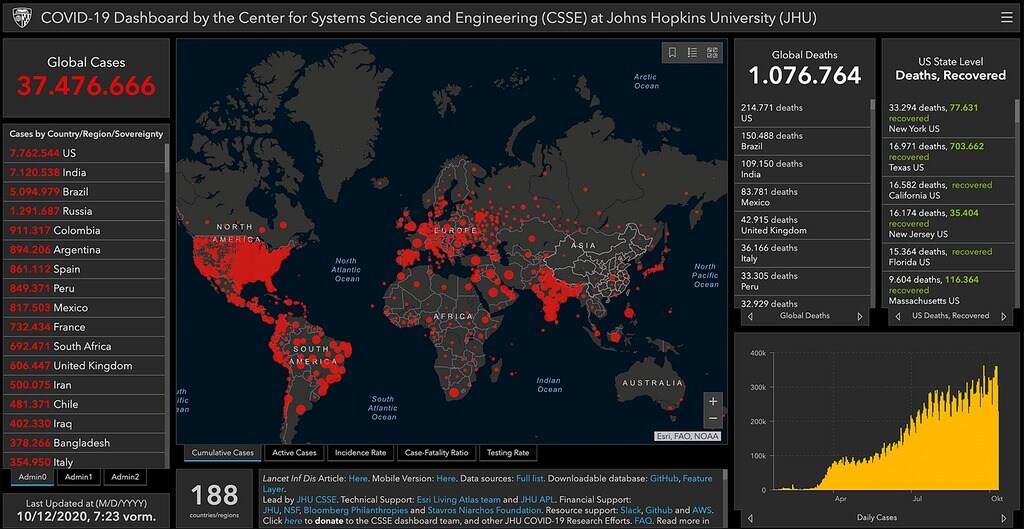 Covid 19 Map Der Johns Hopkins University 12 Oktober 2020 Mdr De