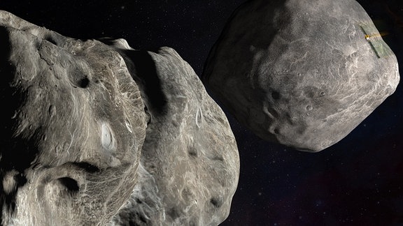 Illustration der DART-Mission kurz vor der Kollision mit dem Asteroiden Dimorphos.