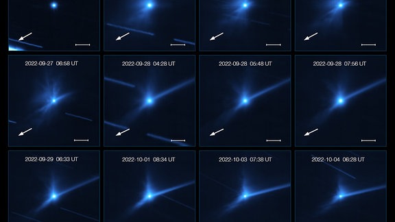 Bildserie, die die Bildung eines Schweifs beim Asteroiden Dimorphos zeigt, nachdem die Raumsonde DART den Körper gerammt hat.