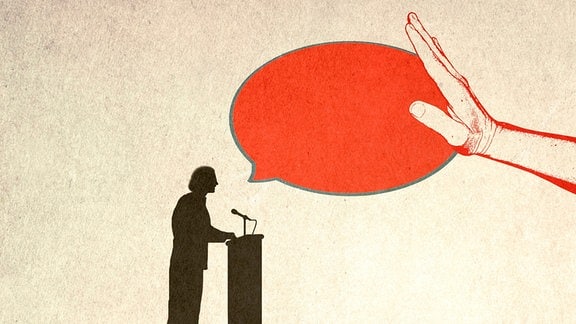 Illustration einer großen Hand, die eine Sprechblase von einer Sprecherin an einem Rednerpult abblockt. 