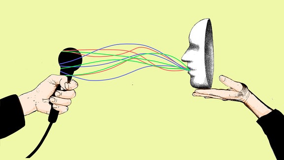 Illustration einer Hand, die eine Maske präsentiert, die zu einem Mikrofon spricht, das auch in einer Hand gehalten wird. Dazwischen verschidene verwobene Verbindungslinien.