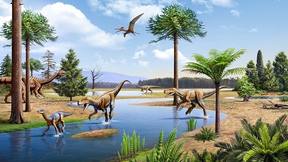 Eine Zeichnung zeigt Dinosaurier.