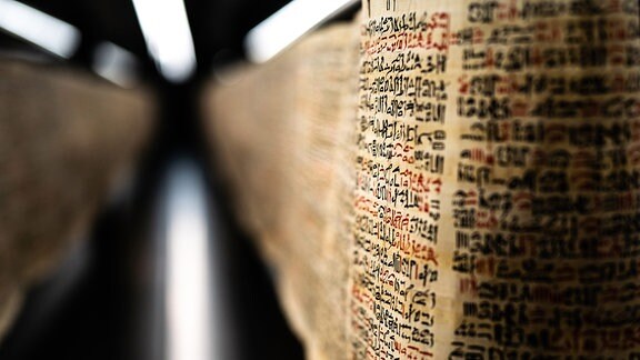 Replik des Papyrus Ebers in der Vitrine 