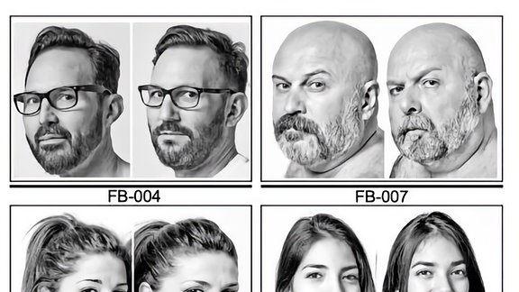 Schwarzweiß-Bilder mit ID von vier Männern und vier Frauen, jeweils als Doppel mit sehr ähnluichem Aussehen, ähnlichem Blick und ähnlicher Frisur.