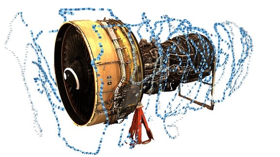 Flugzeug-Turbine mit Scanner-Trajektorie (blaue Linie)