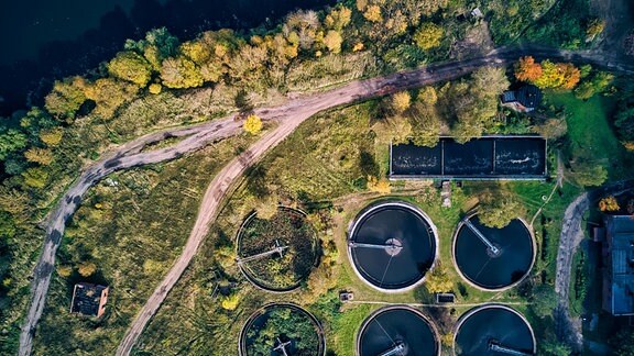 Luftaufnahme der Wasseraufbereitungsanlage am See an einem sonnigen Tag. Direkte Draufsicht, viel grün, viel Farben und Kontrast.