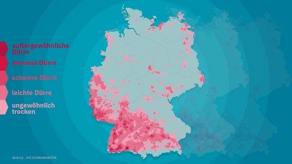 Eine Karte, auf der trockene Böden in Deutschland im Februar 2023 zu sehen sind. Vor allem im Süden und Südwesten, von Bayern bis Rheinland-Pfalz, war es zu trocken.