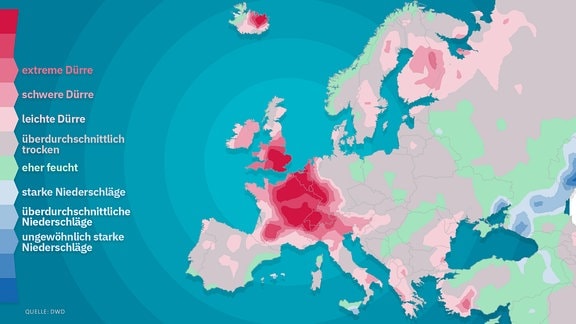 Eine Karte von Europa, in der im Februar 2023 sehr trockene Gebiete in Rot eingefärbt sind. Das ist unter anderem in Frankreich, Ost-England und Island der Fall.