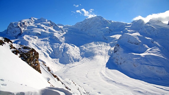 Ausblick vom Gornergrat über den Gornergletscher auf Monte Rosa mit Dufourspitze 4634m und Liskamm 4527m, im Winter,