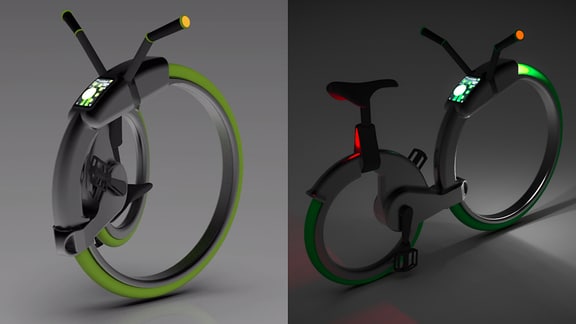 E-Montage: Unten Fahrrad, oben ineinandergefaltete Räder
