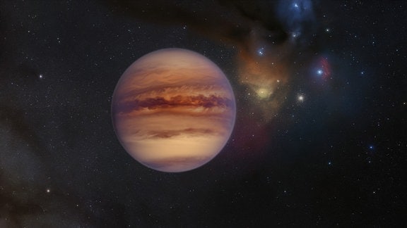 Farbige Illustration eines Planeten, ähnlich eines Gasriesen wie Jupiter; rotbraune Struktur wie langgezogene Wolken. Auf dem dunklen Hintergrund Sterne, bunte Wolke.