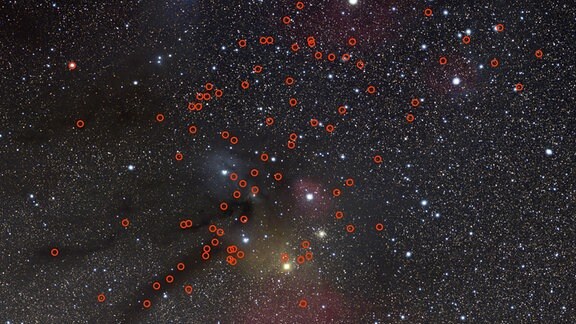 Ausschnitt Weltraum: Viele unterschiedlich stark leuchtende Punkte auf schwarzem Hintergrund. Schwach leuchtende Einzelgänger-Planeten umkreist.