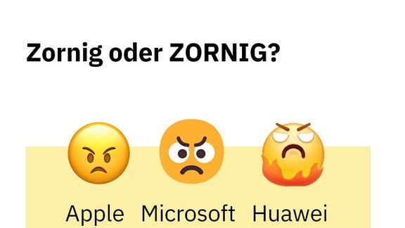 Drei wütende Emojis mit visuellen Unterschieden: Varianten von Apple und Microsoft sehen weniger wütend aus als von Huawei, dort mit Flamme