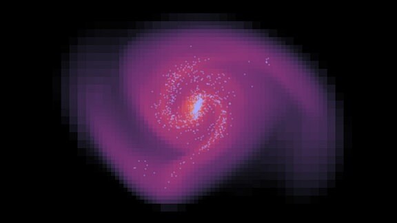 Grafik aus der Computersimulation von der Entstehung einer Galaxie. Die Verteilung des Materiegases 1,5 Milliarden Jahre nach dem Start wird in lila angezeigt. Je heller die Farbe, desto höher ist die Dichte des Gases. Die hellblauen Punkte zeigen junge Sterne.