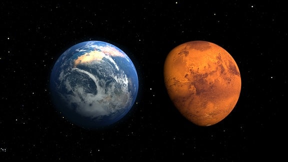 Eine künstlerische Darstellung von Erde und Mars im Weltall.