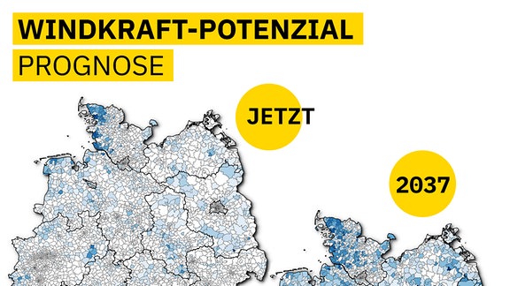 Grafik mit drei Deutschlandkarten zu Auf-Dach-Photovoltaik-Bestand und Ausbau-Potenzial bis 2037 und 2045. Postleitzahlengebiete sind eingefärbt je nach Megawatt pro Quadratkilometer. Kartenerklärung im Text.