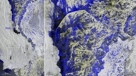 Pakistan war im Sommer überflutet. Die von Copernicus Sentinel-1 am 30. August aus dem Weltraum aufgenommenen Daten wurden verwendet, um das Ausmaß der Überschwemmungen zu kartieren. Die europäische Copernicus-Mission Sentinel-1 ist mit einem Radarinstrument ausgestattet, das durch Wolken und Regenschwaden hindurchsehen kann und sich daher für die Überwachung von Überschwemmungen besonders eignet. Der Indus ist über die Ufer getreten und hat einen langen, mehrere Kilometer breiten See gebildet. Die blauen bis schwarzen Farben zeigen, wo das Land damals überschwemmt war.