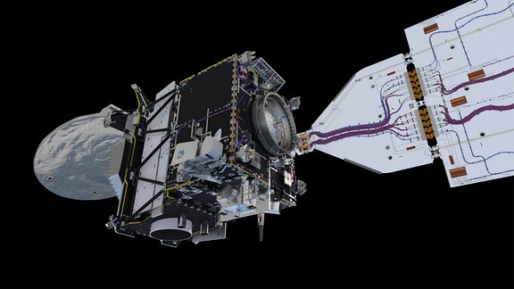 Darstellung des Earthcare-Satelliten, der mit vier Messinstrumenten ausgestattet ist.