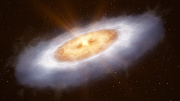 Diese künstlerische Darstellung zeigt die planetenbildende Scheibe um den Stern V883 Orionis. Im äußersten Teil der Scheibe ist das Wasser in Form von Eis gefroren und kann daher nicht leicht nachgewiesen werden. Ein Energieausbruch des Sterns heizt die innere Scheibe auf eine Temperatur auf, bei der das Wasser gasförmig ist, so dass es astronomisch nachgewiesen werden kann.